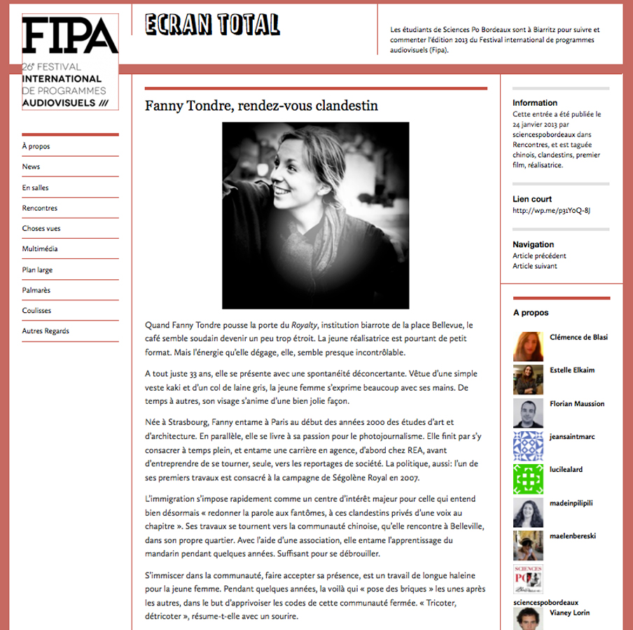 FIPA, CLÃ©mence de Blasi, 2013
Lire sur le site du FIPA